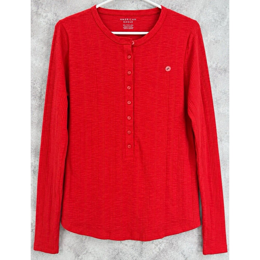 American Eagle Women’s 2XL Red Cotton Knit Henley Long Sleeve Round Neck Top